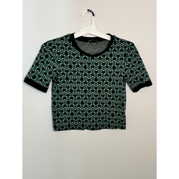 Zara Tops - Zara Green Black Geometric Knit Crop Top Short Sleeve Crew Neck M